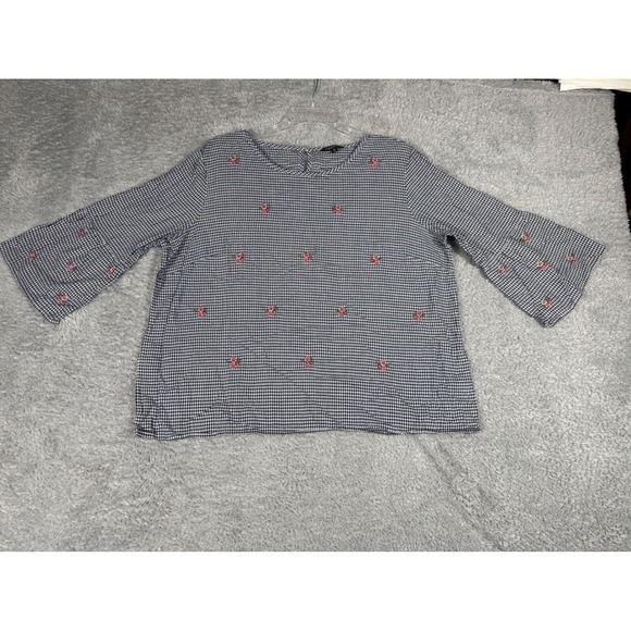 Hannah Tops - Hannah Gingham Blouse XL Navy White Excellent Floral Embroidered Bell Sleeve